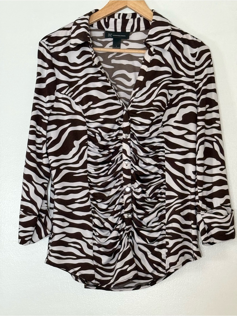 INC International Concepts Brown and White Zebra Ruching Button-Down Shirt